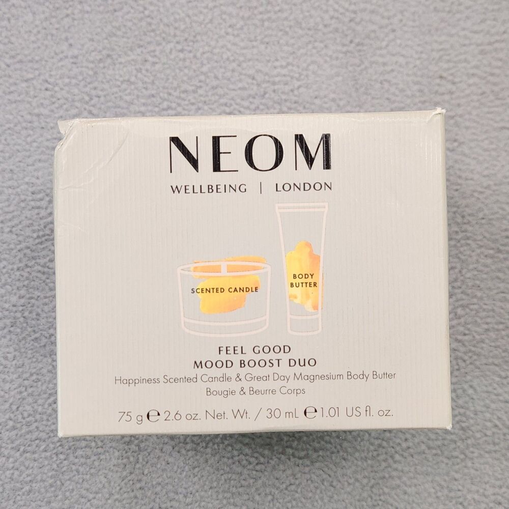 Neom Happiness Scented Candle 2.6oz & Great Day Magnesium Body Butter 1oz Pack
